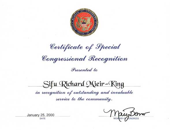 Mieir Kings Tai Chi Chi Kung Chinese Wand, Congressional Certificate of special recognition awared for outstanding and invaluable services to the community